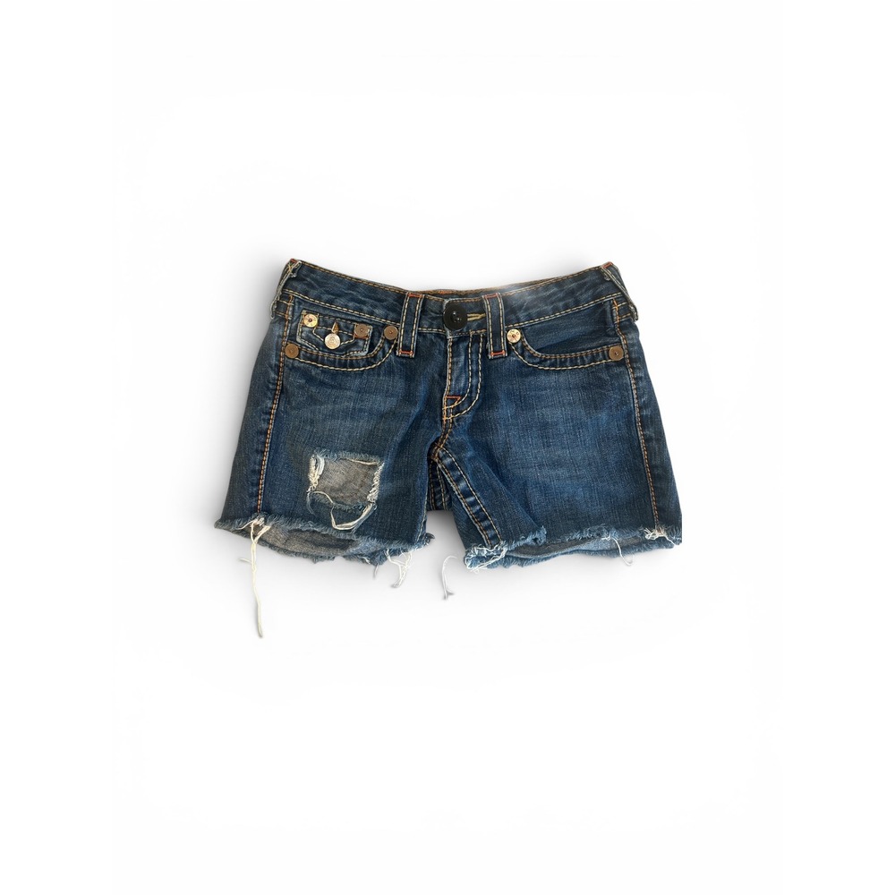 True Religion Jorts Distressed Denim Shorts Medium Wash Size 27 Made in USA